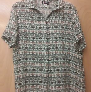 Vintage Green Cream Floral Boho Top M Qua Silk